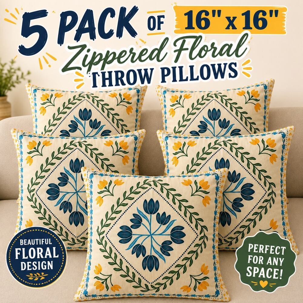 5 Pack 16x16 Floral Zipper Throw Pillows w/ Inserts Farmhouse Cottagecore Decor